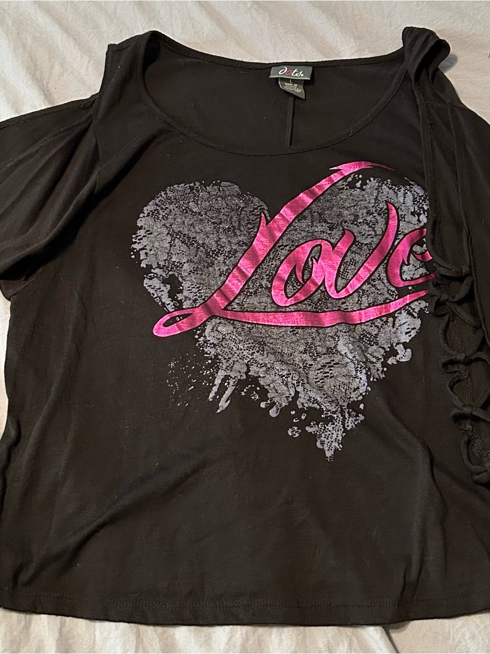 Dots Black Short-Sleeve Cold-Shoulder Top with Pink 'Love' Graphic